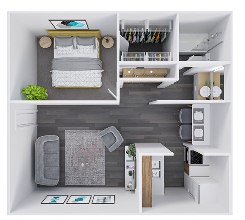 Floor plan for 1 bed, 1 bath, 569 sqft